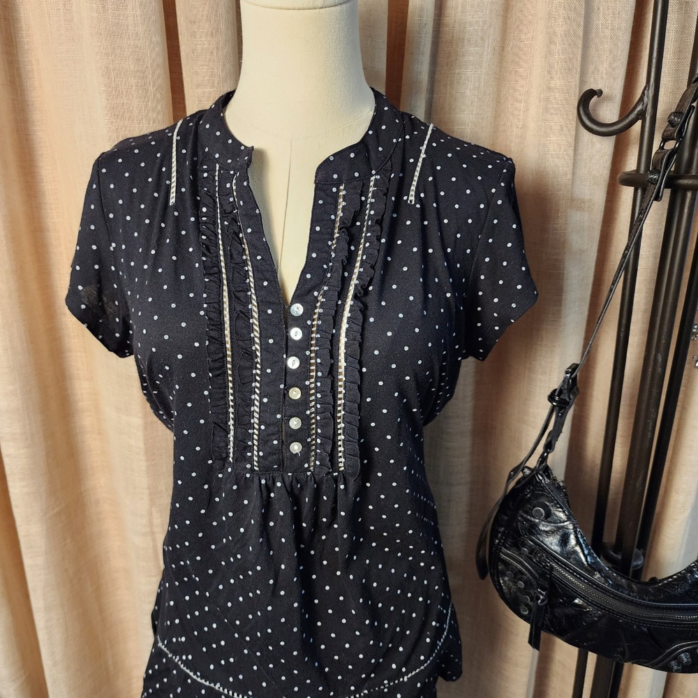 Aria Women Blouse Size M Black Polka Dot Ruffle Lace Trim Short Sleeve Top